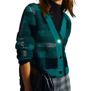 English Factory Green Plaid Fuzzy Cardigan XS
